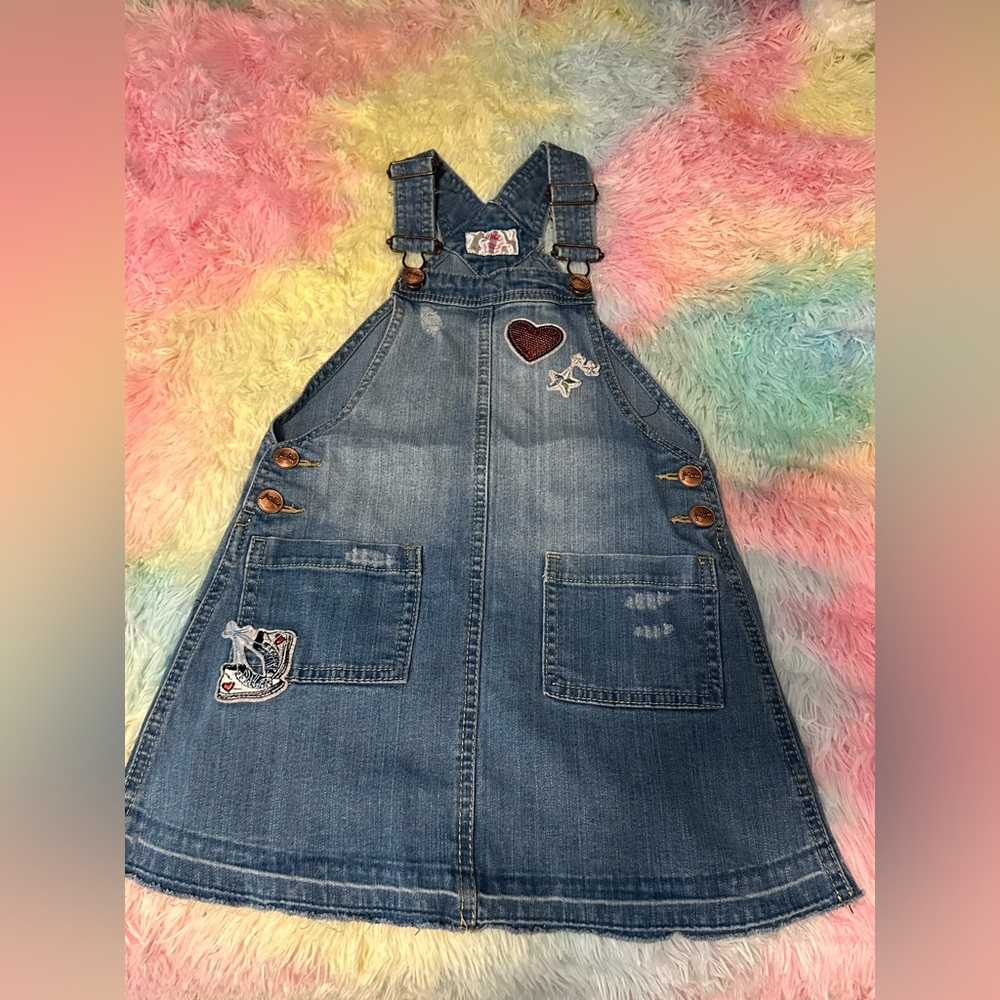 Justice Blue Denim Overall Dress with Heart and Star Patches